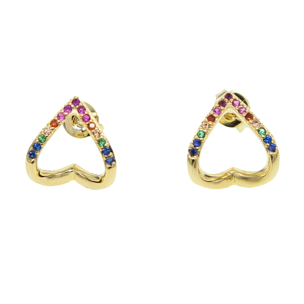 Разноцветные прозрачные серьги-гвоздики с фианитами в форме сердца уникальные