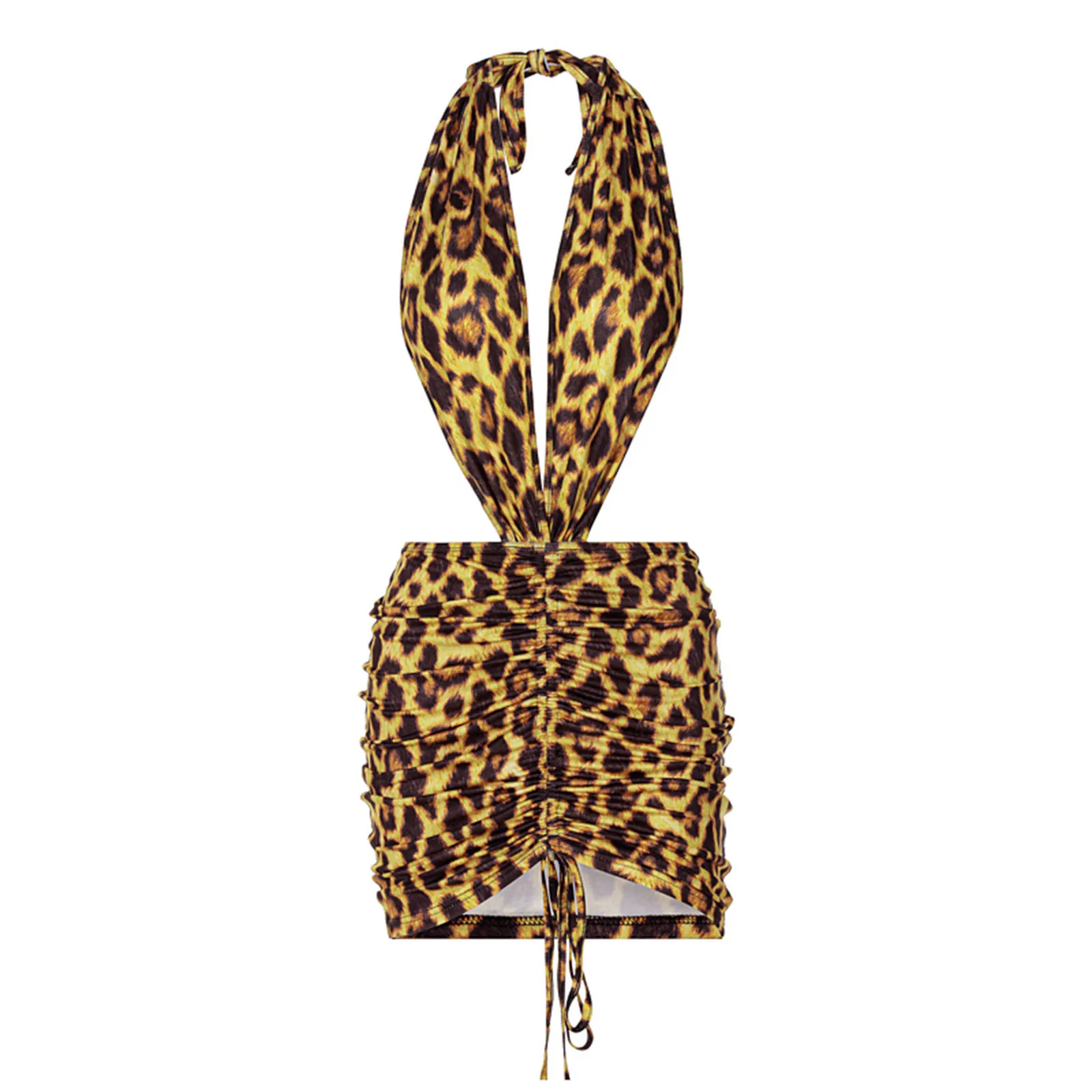 

Платье женское с леопардовым принтом, платье на бретельках с лямкой через шею, без рукавов, с открытой спиной, с кулиской на лето, S/M/L сексуал...