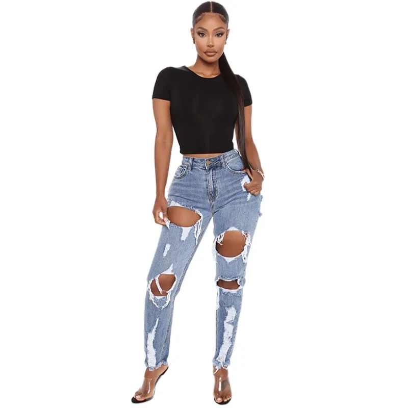 

Ripped Skinny Women Jeans High Waist Denim Pants Causal Hole Full Length Tassel New Mom Pants Distressed Female Pencil Trousers