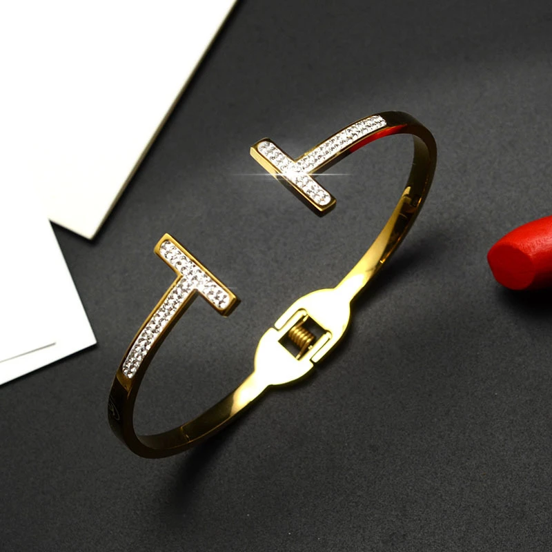 

Luxury Brand Double T Shape Cuff Bracelets For Women Men Charm Glue Rhinestone Stainless Steel Bangles Best Friend Jewelry Gift