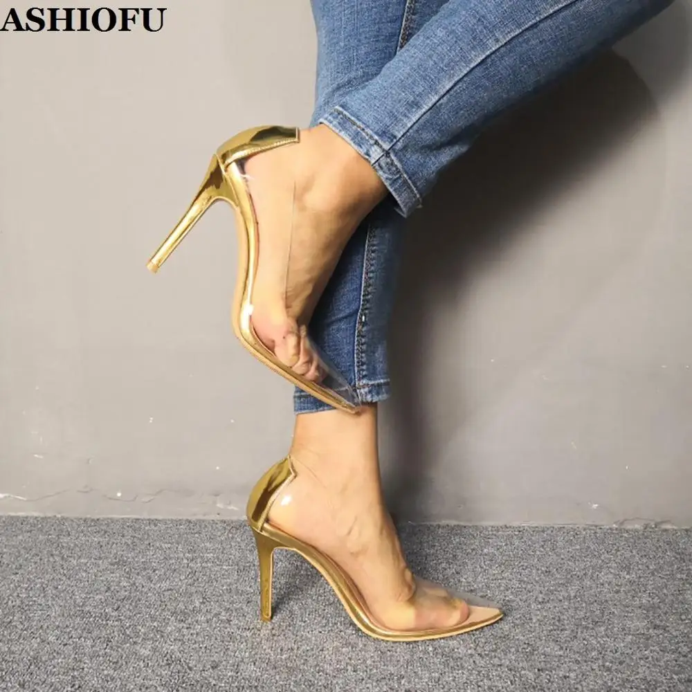 

ASHIOFU New Handmade Ladies High Heel Pumps PVC Leather Sexy Party Prom Slip-on Shoes Pointy Evening Club Fashion Court Shoes