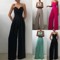 straight style solid color ladies deep v neck backless sling jumpsuit minimalist sling jumpsuit sleeveless casual wear