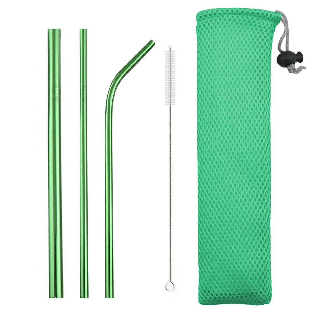 Green-GreenBag 5 шт./компл. Радуга соломинки многократного использования соломинки 304 Нержавеющая сталь металлический соломинки Портативный путешествия трубочка трубочки для питья с кистью и сумочка в комплекте - Цвет: Green-GreenBag