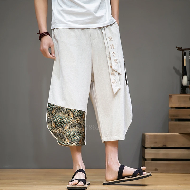 Брюки мужские хлопково льняные с вышивкой модные широкие штаны в японском стиле