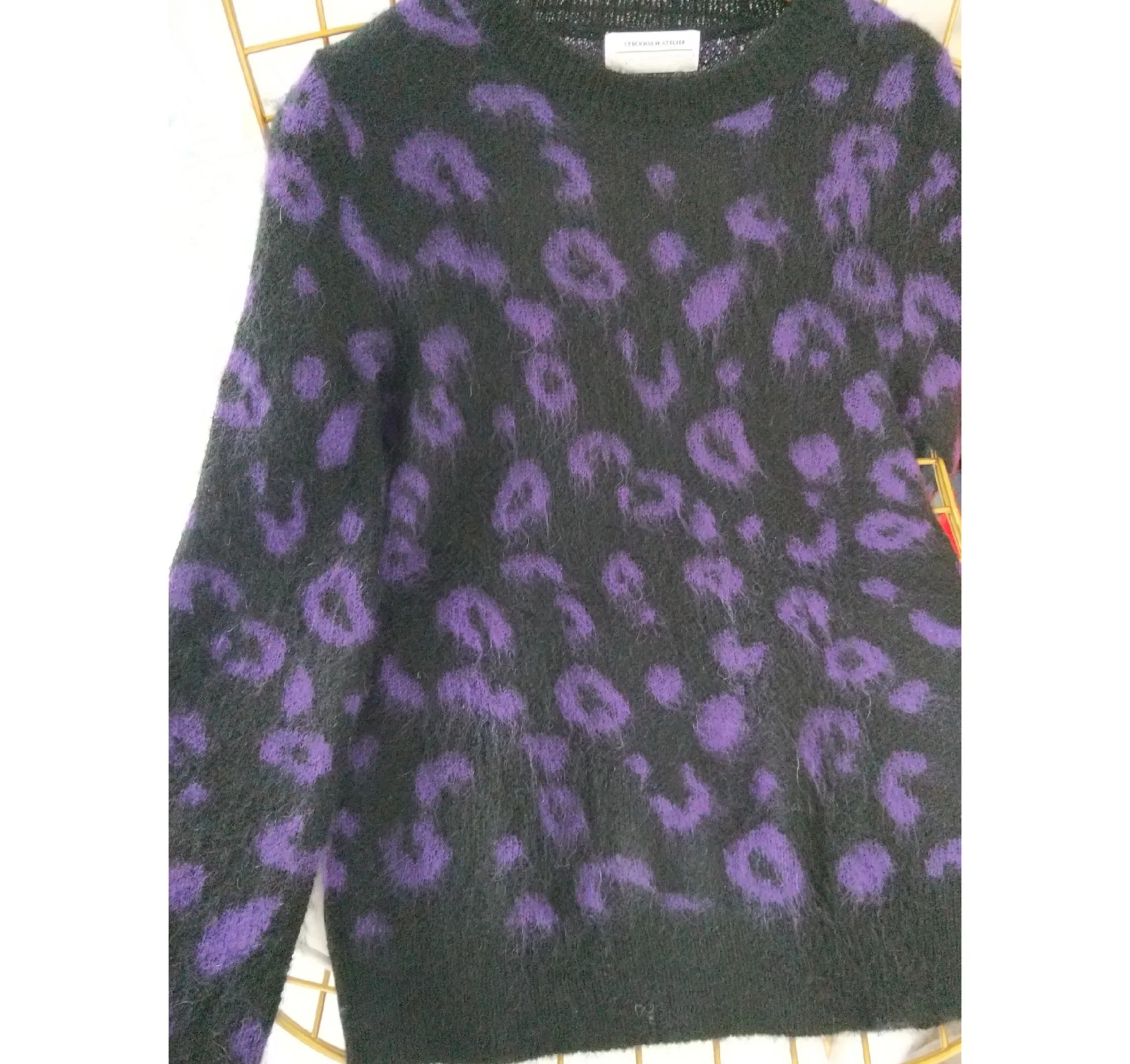 

Women's Red Leo Jacquard Sweater Fashion Leopard Print Mohair Warm Jumper for Women