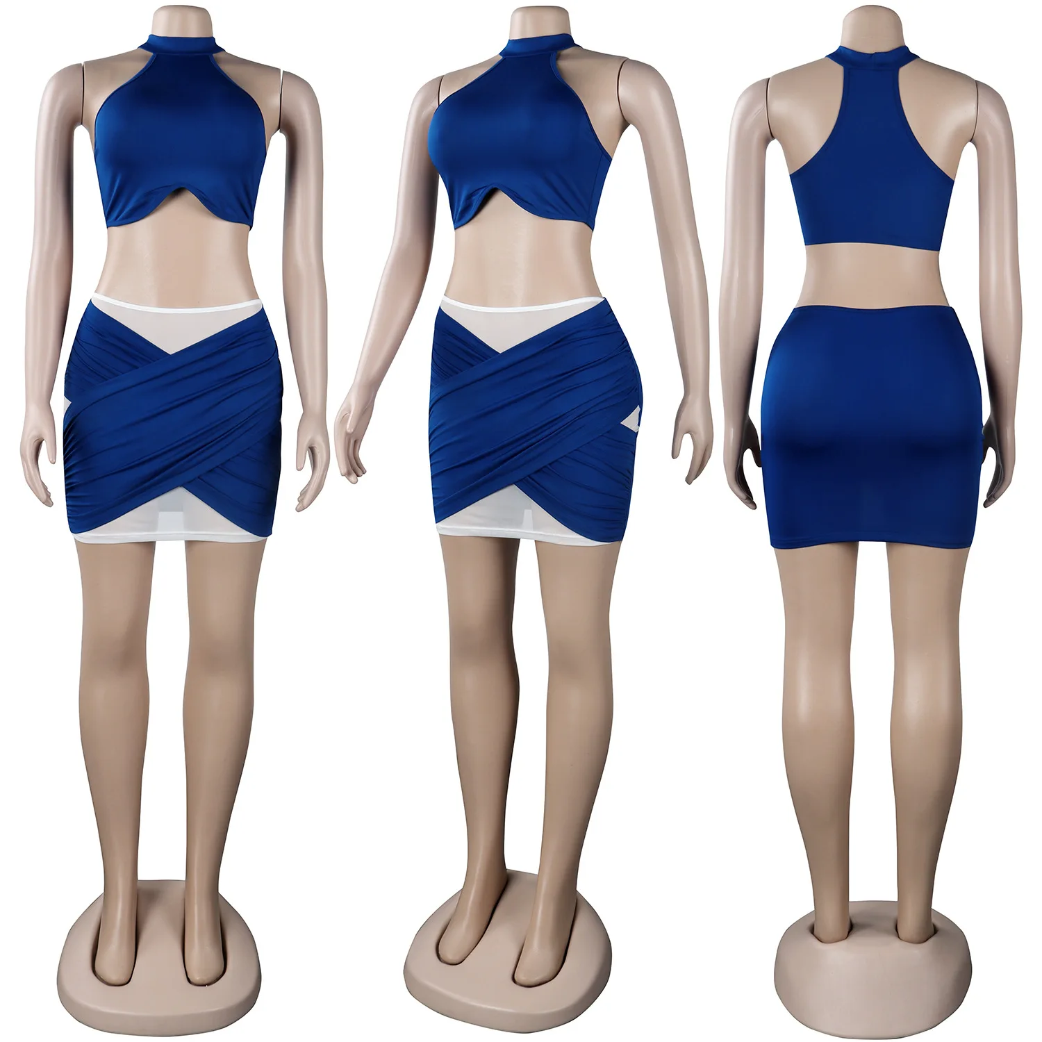 

PinePear New Chic Mesh See Through Two Piece Outfits Sexy Patchwork Women Club Slim Summer Crop Top Mini Skirt Set Wholesale