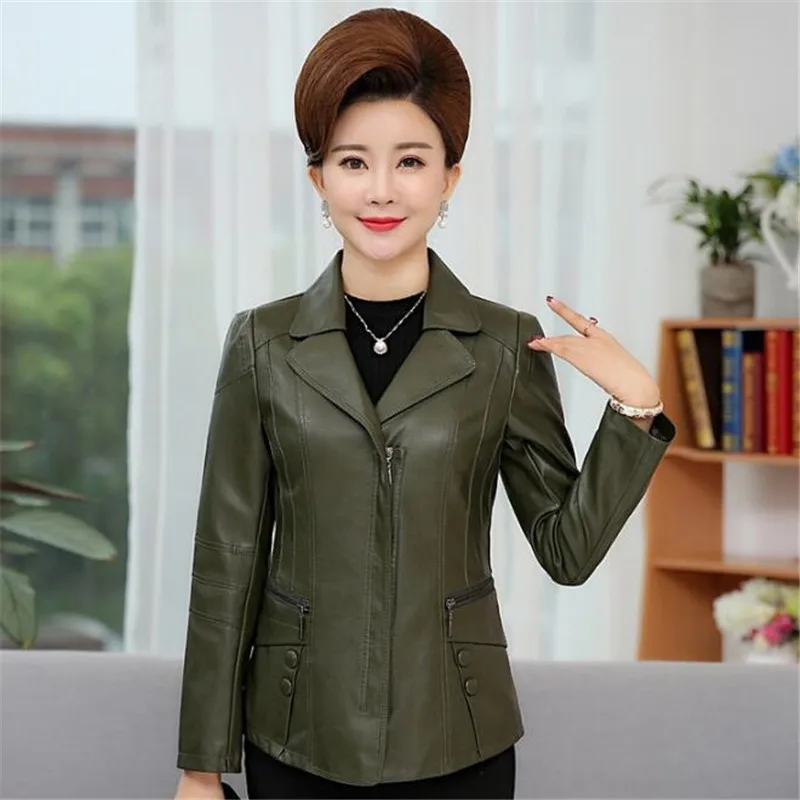 

4Xl 5Xl 6Xl Middle-Aged Women Leather Jacket Pu Leather Jackets Female Slim Elegant Coat Plus Size Clothing Autumn A3884