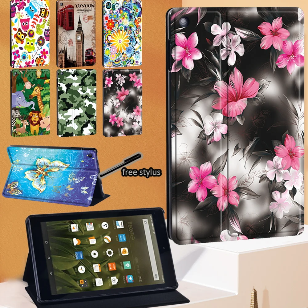 

For Fire 7/HD 8/HD 10 (5th/7th/9th)/ Fire HD 8/ Plus (10th Gen 2020) Tablet Cover Flip Stand PU Leather Case + Stylus