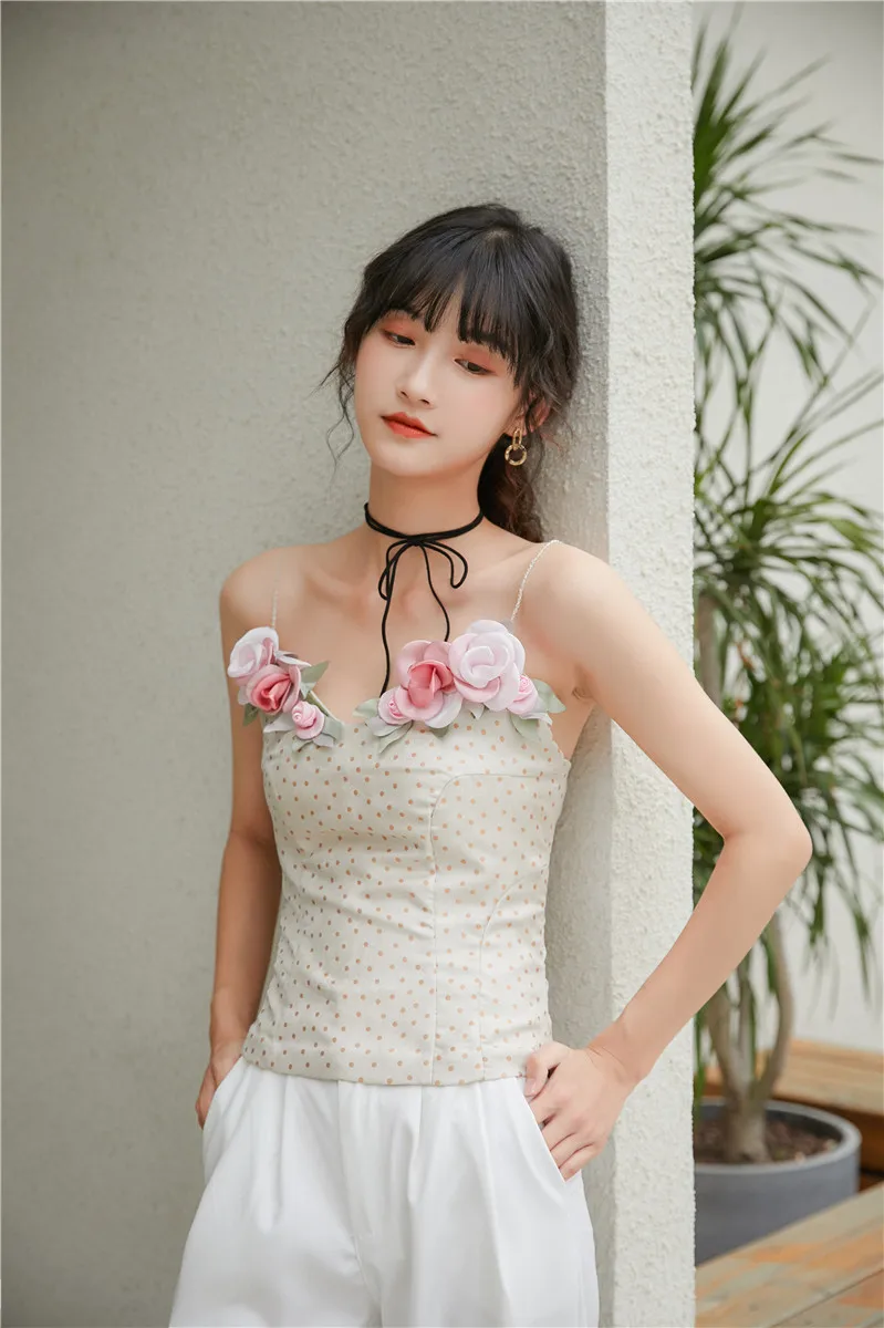 

CHEERART Polka Dot Cami Top Women Floral Appliques Backless Crop Top Sexy Summer Spaghetti Strap Designer Top 2020