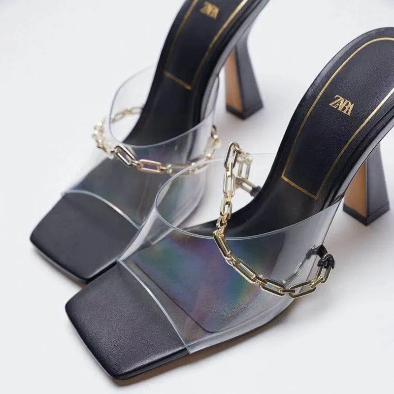 

Sandals women summer New Transparent With Chain Tape Women's Slippers High Heel Sandal Round Toe sandals large size 41