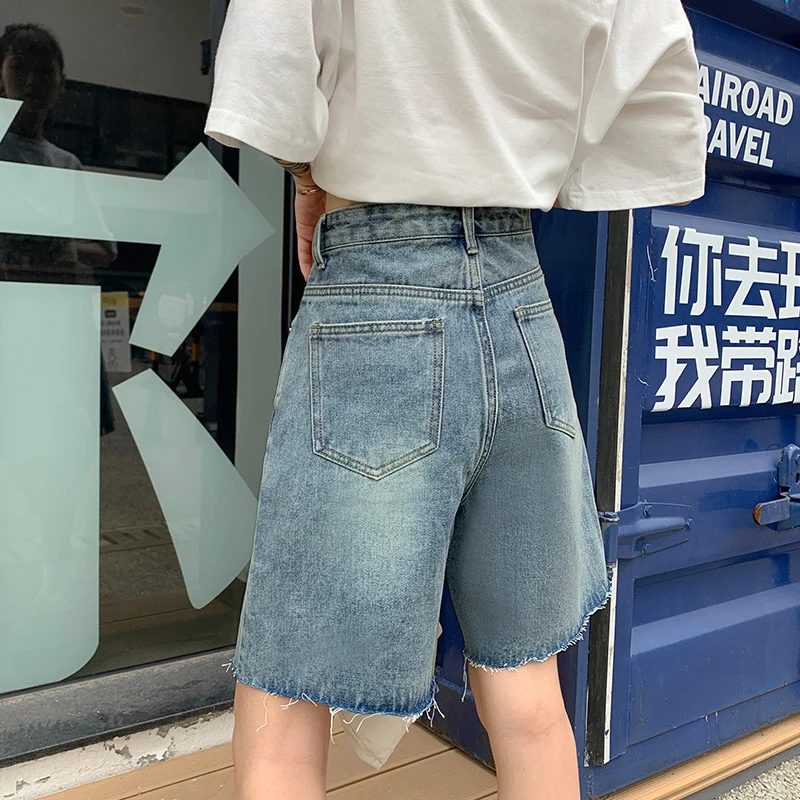 CHICEVER Casual Loose Denim Knee Length Trousers For Women High Waist Vintage Wide Leg Pants Female 2021 Summer Fashion Clothing
