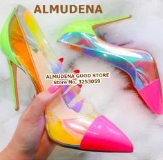 ALMUDENA Pink Pointed Toe Clear PVC High Heel Pumps 12CM 10CM 8CM Stiletto Heels Neon Yellow Heel Color Patchwork Wedding Shoes