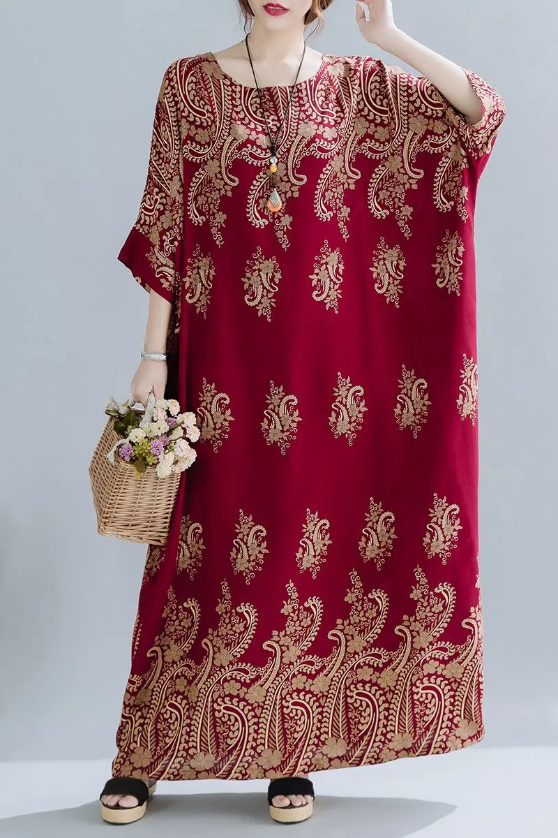 

COIGARSAM National Wind Loose Women dress New Spring Summer O-Neck Dresses Purple Red 9305