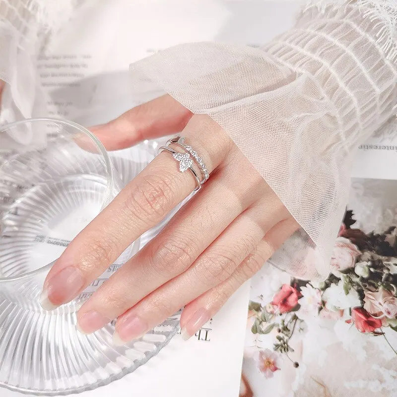 

A00888 925 Sterling Silver Fashion Opening Adjustable Double Butterfly Rings for Women Pave CZ Street Jewelry