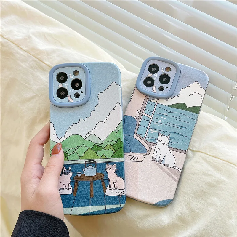 

Retro illustration Cute Japanese Cats Phone case For iPhone 13 13Pro 12 12Pro 11 Pro XS MAX X XR Leather Soft Cover Coque