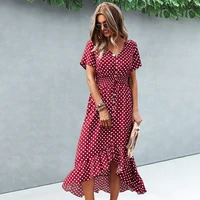 sexy v neck irregular ruffle stitching short sleeve maxi dress womens polka dot mid length large swing high waist button dresses