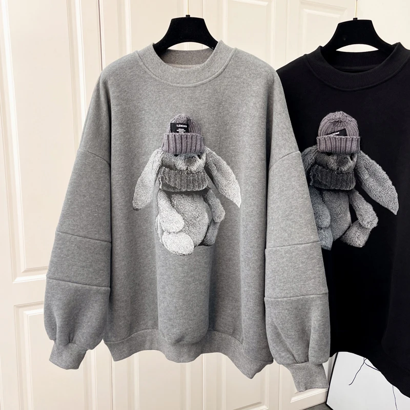 

2021 Autumn Winter New Korean Fleece-Lined Bear Crew Neck Sweatshirt Ladies Loose Fashion Ins Top Women Simple Pullover Hoodie