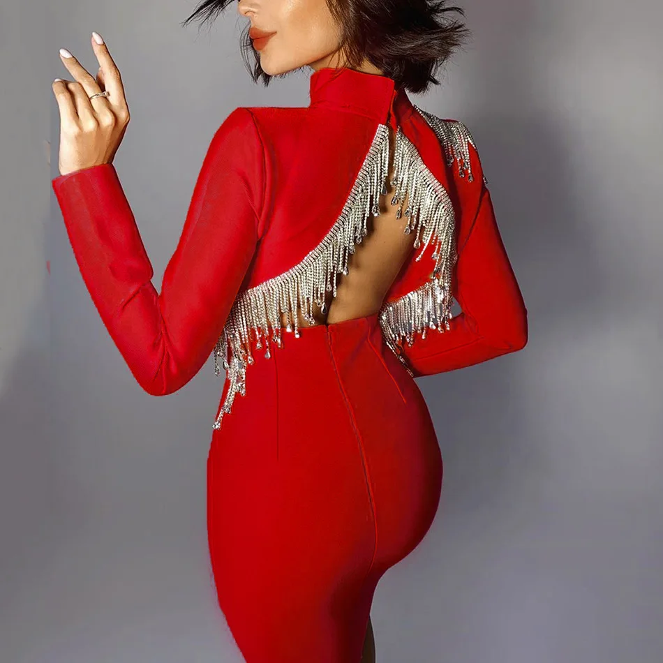 

High quality women's sexy backless diamond tassel elegant long-sleeved tie tight dress noble temperament club party female dress