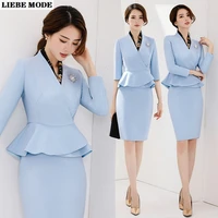 office uniform designs blazer and skirt set korean style formal suit for women business blue white skirt suit ladies work wear