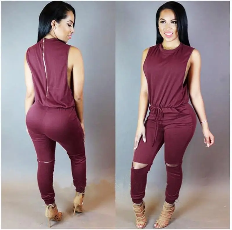 

Casual Rompers overalls for female women o-neck zipper jumpsuits women summer Women hole sleeveless bandage lace up jumpsuit