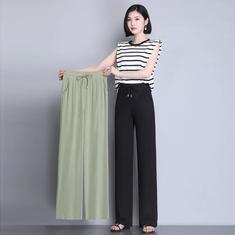 

Plus Size Wide Leg Pants Women Elegant 2021 Elastic High Waist Baggy Long Trousers Soft Breathable Thin Bottoms Korean Fashion