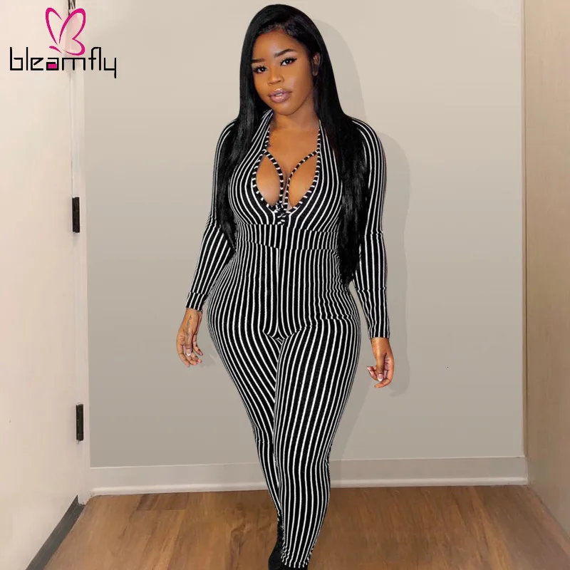 Новый осенне зимний женский Облегающий комбинезон в полоску с длинным рукавом