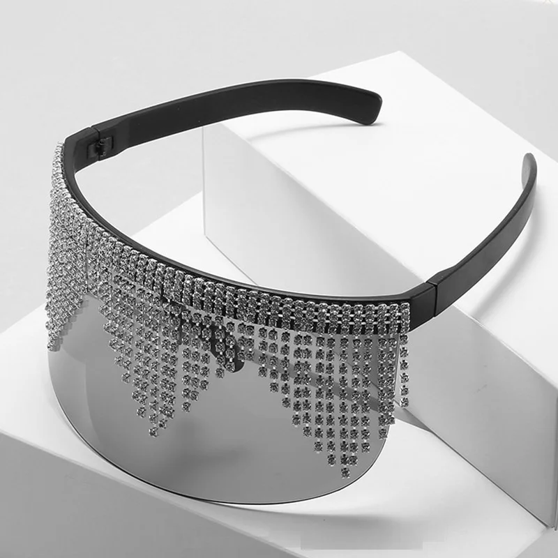 

Shield Goggles Oversized Sunglasses Women Tassel Crystal Rhinestone Sun Glasses Female Shade Eyewear Big Sun Eyewear UV400
