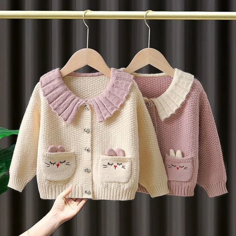 

Spring Autumn Girls Jacket Cue Cartoon Pocket Knitted Cardigan Coat Turn-down Collar Kids Sweater