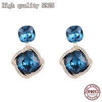 high quality blue crystal retro simple earrings geometric square s925 silver needle noble lady earrings best gift for mom