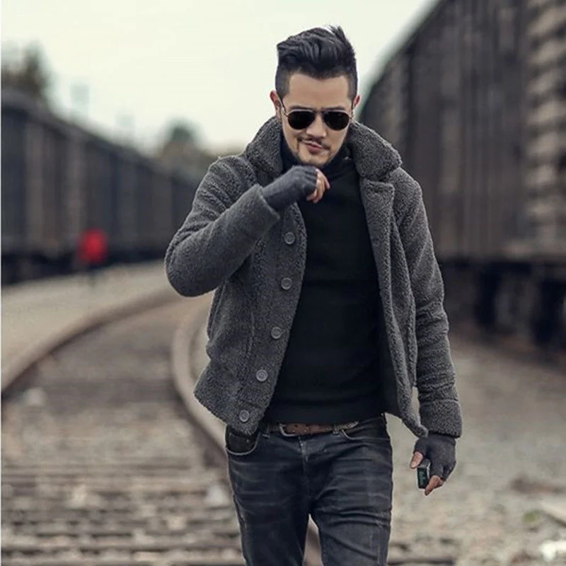 

Куртка мужская флисовая на 2021 пуговицах, с отложным воротником и искусственным мехом