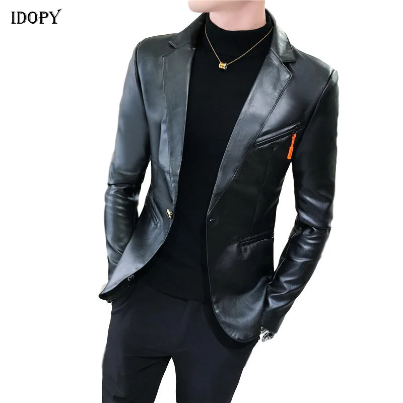 Костюм мужской из искусственной кожи Idopy Модный облегающий короткий пиджак в