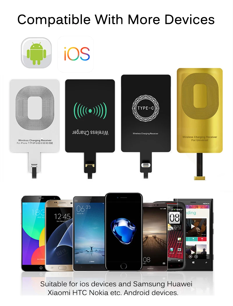 Qi беспроводной зарядный приемник для iPhone 7 6s Plus 5s Micro usb type C универсальное Быстрое беспроводное зарядное устройство для samsung huawei Xiaomi