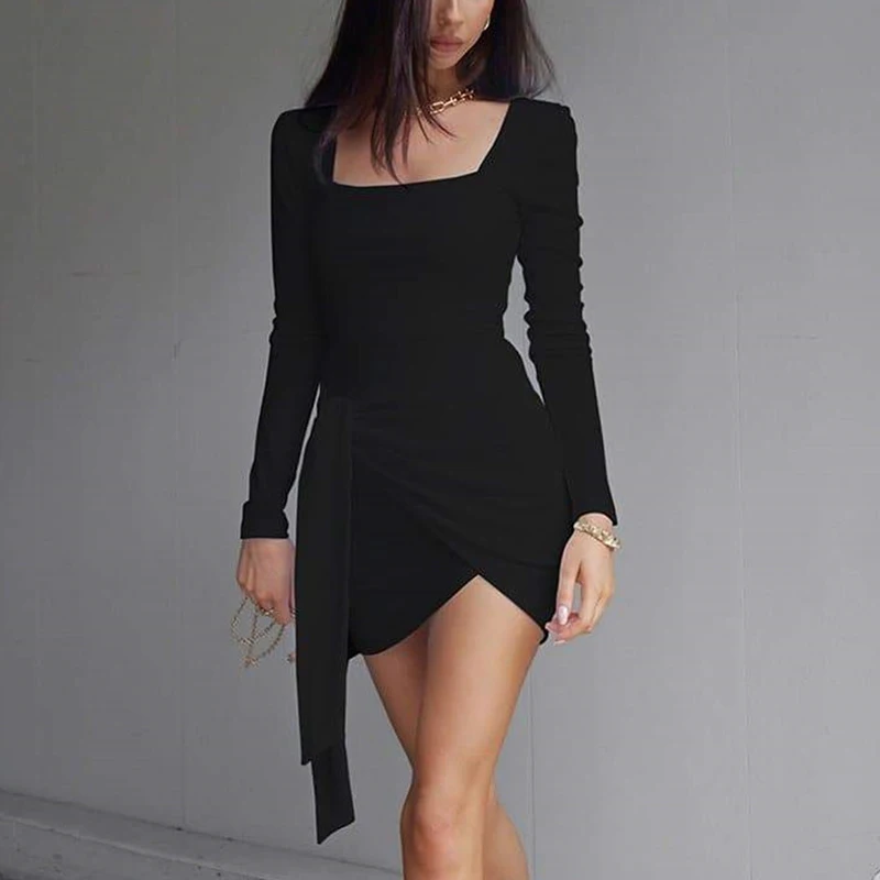 

Women Dress Long Sleeve Square Neck Folds Lace Solid Color Backless Summer Bodycon Mini Party Dress