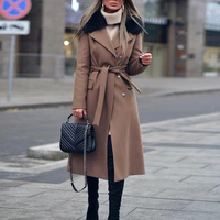 new winter long fashion casual woolen coat with fur lapel coat ladies fashion autumn tie up thinner coat 2021 overcoat