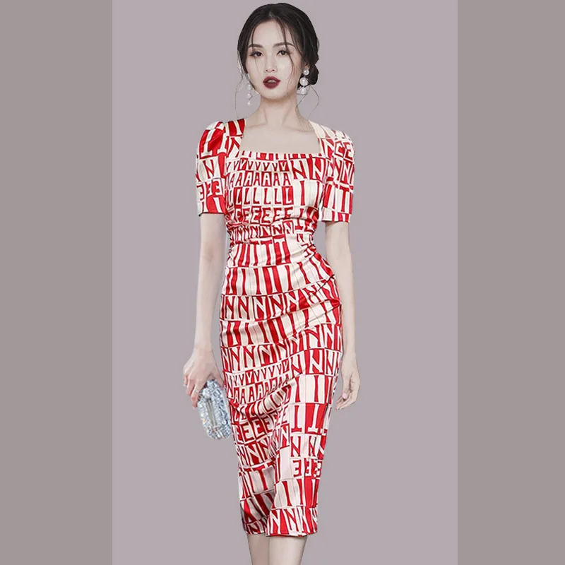 

Элегантное облегающее платье с принтом, цельные корейские женские летние сексуальные бордовые вечерние платья с квадратным вырезом для же...
