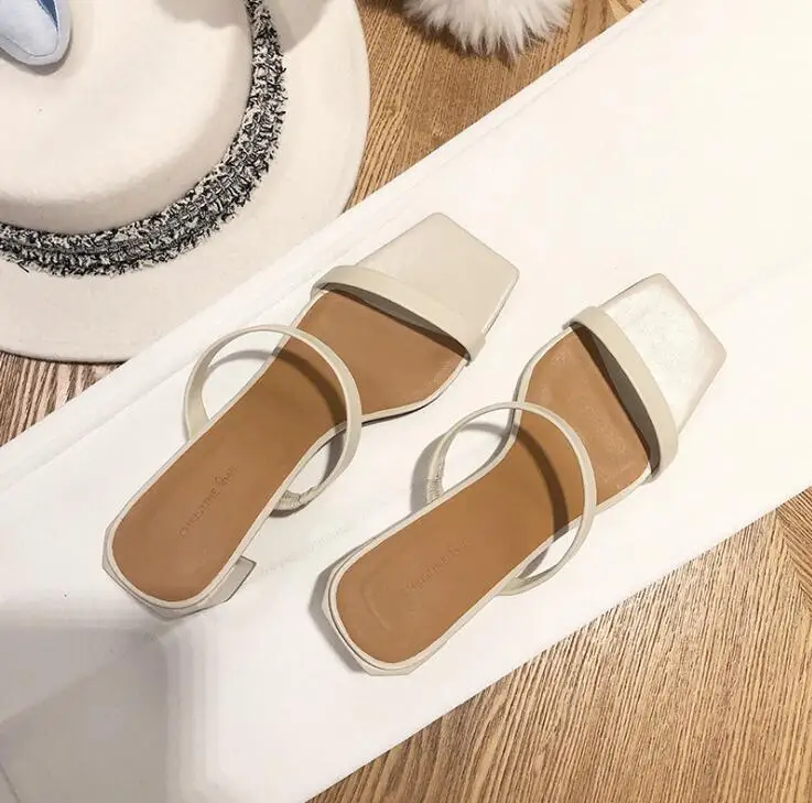 

Brand new 2020 summer mid-heel women sandals and slippers fashion thick-heel square-toe flip flops and half-wear ms slippers