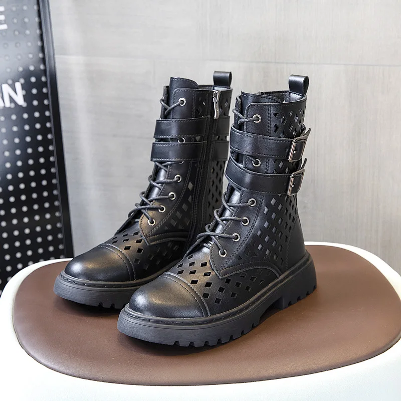 

Новинка 2021, дышащие ботинки мартинсы, женские летние полые тонкие сапоги в британском стиле с пряжкой, ботильоны на толстой подошве