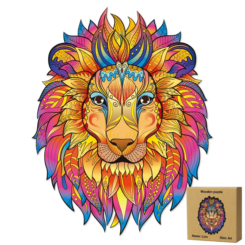 

Новый Красочный Деревянный пазл в форме животного игрушка в виде льва настенное украшение необычный узор подарок для детей, A4A5 100 + шт