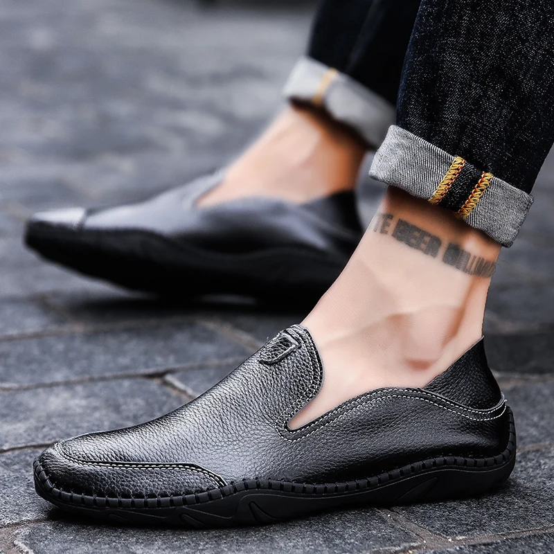 Italian genuine Leather Men Casual Shoes outdoor Luxury Brand Mens Loafers Moccasins Breathable Slip on Black Soft Flats | Обувь