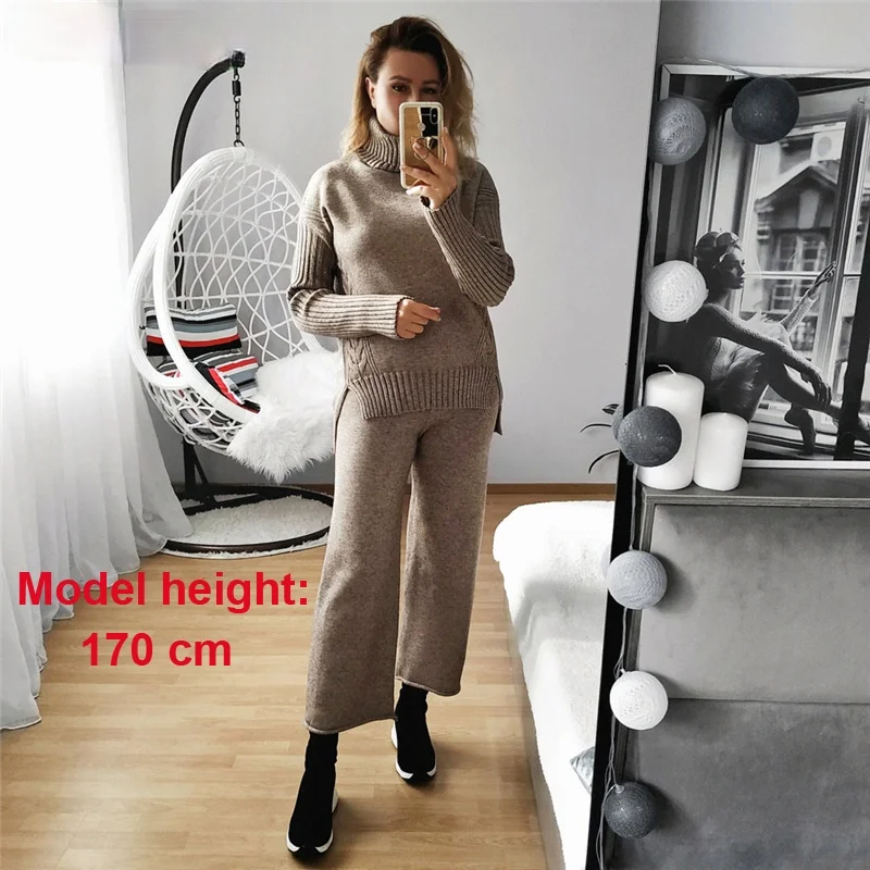 

Autumn Winter Thicken Knitted 2 Pieces Set Women Turtleneck Pullover Sweater & Wide Leg Pants 2021 Sweater Set Female
