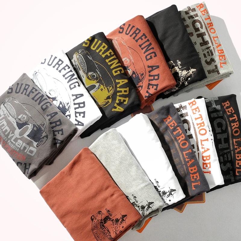 

2022 Autumn Men's Long-sleeved O-neck T-shirt Distressed Washed Pullover Slim Retro Locomotive Printing Base T-shirt 100% Cotton
