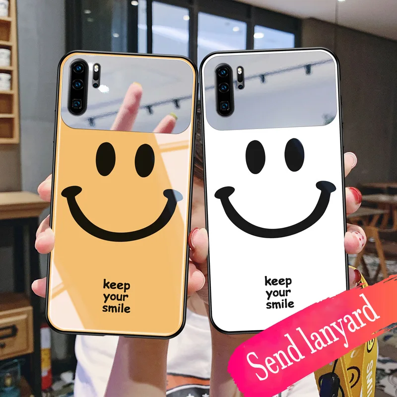 Стеклянный чехол со смайликом для Huawei P30 P40 pro зеркальный ремешок макияжа mate 20 30 nova