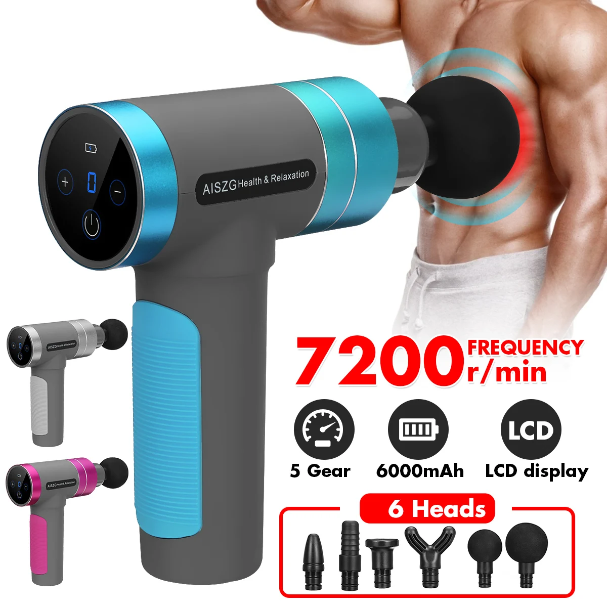 

Muscle Massage Gun 7200r/min Profession Sport Therapy Massager Body Relaxation Pain Relief Slimming Shaping Massager 6 Heads