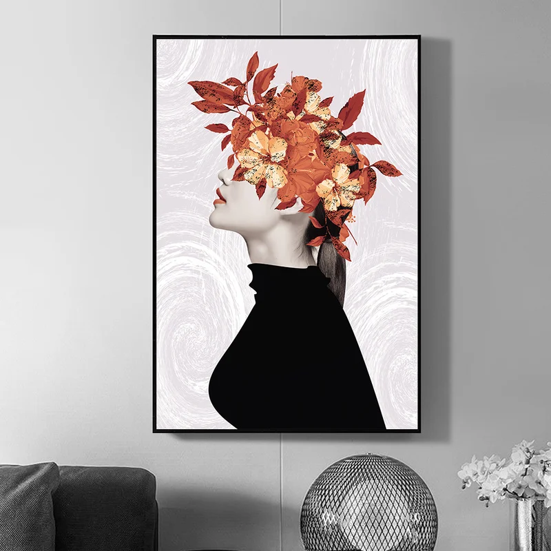 

Garland Girl Painting Head with Leaf Abstract Nordic Poster Wall Art Modern Minimalist Black White Girl Scandinavian Home Decor