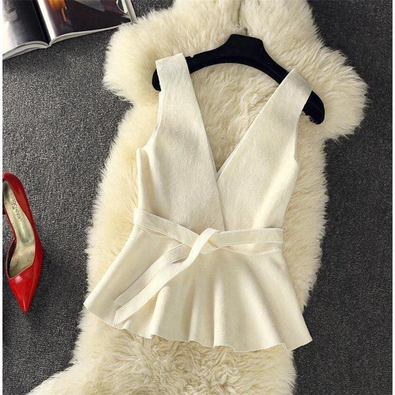 Women's Autumn New Korean Fashion Suit Three-piece Waistcoat + Knitted Top High Waist Bag Hip Skirt Female Sets |