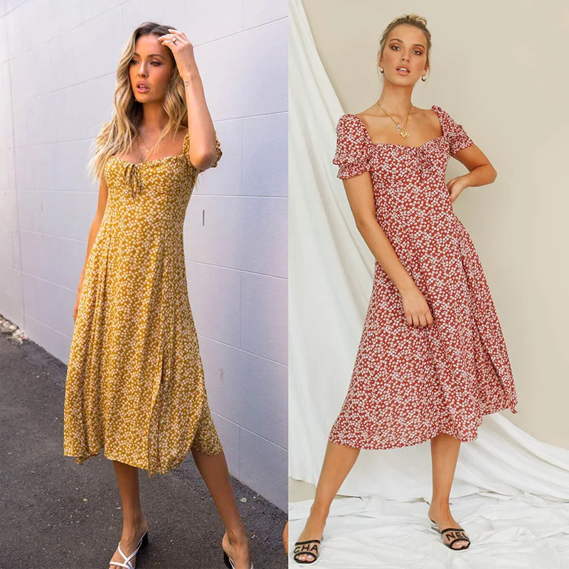 

NLW Hot Selling French Square-Neck Floral-Print Mid-length Slit Dress Women's Summer