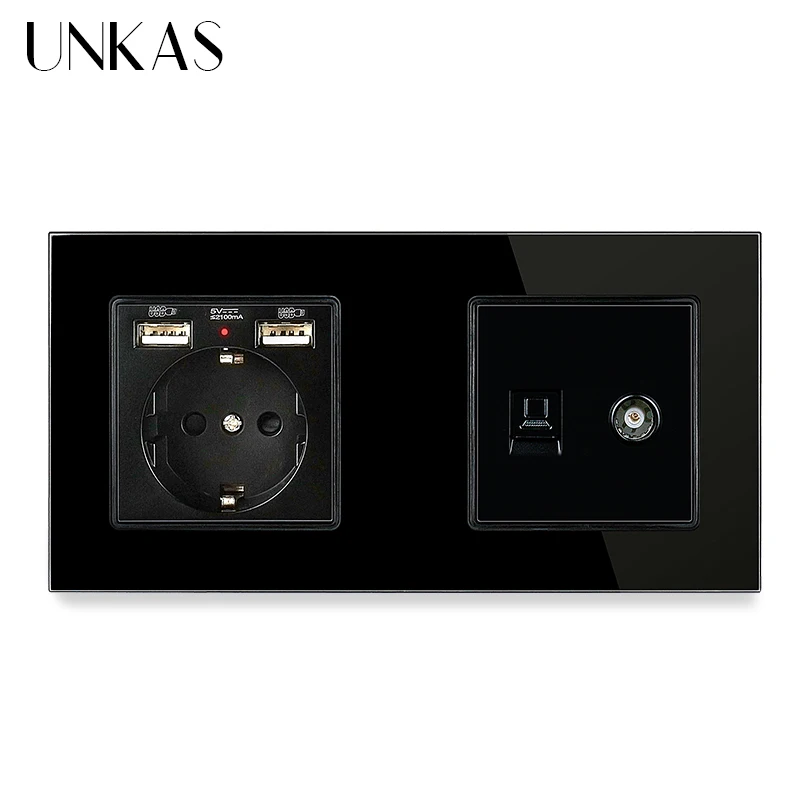 UNKAS электрическая розетка со стеклянной панелью европейского стандарта двойной