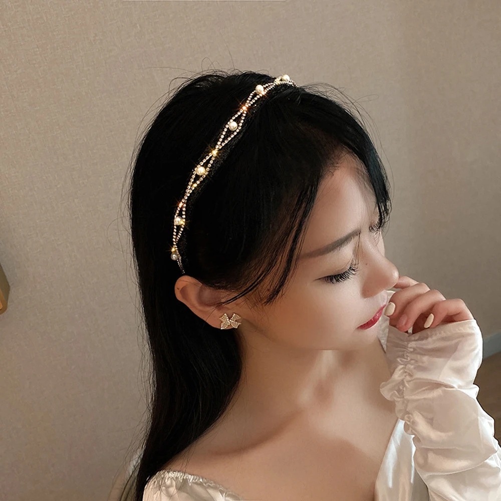 

Headwear Sweet Wide Side Bridal Women Pearl Crystal Hair Hoop Pearl Headbands
