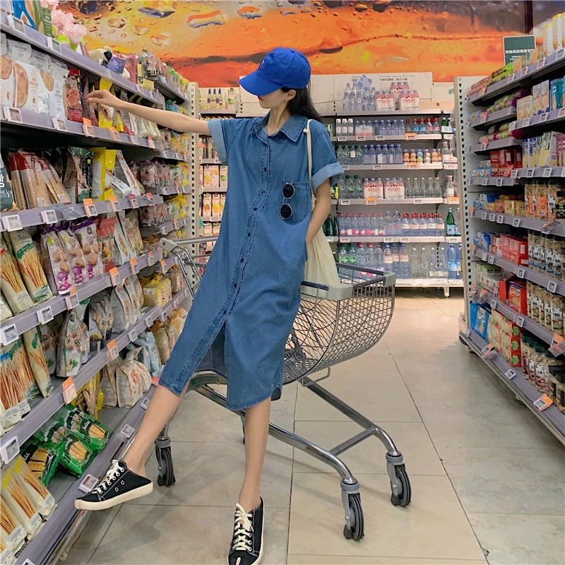 

2020 summer new loose casual dress mid-length denim dress female summer shirt skirt women clothes