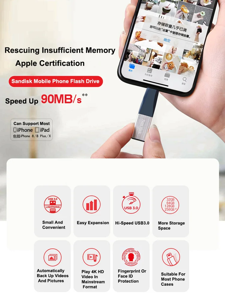 SanDisk USB флэш-накопитель iXPand OTG Lightning разъем U диск USB 3,0 Флешка 64 Гб 128 ГБ SDIX40N накопитель для iphone ipad и ПК